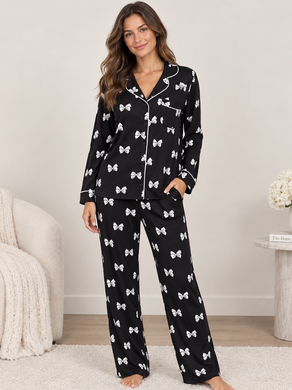 NWT Kate Spade Bow Print Pajama Set Black White Small Long Sleeve Pants 2pc